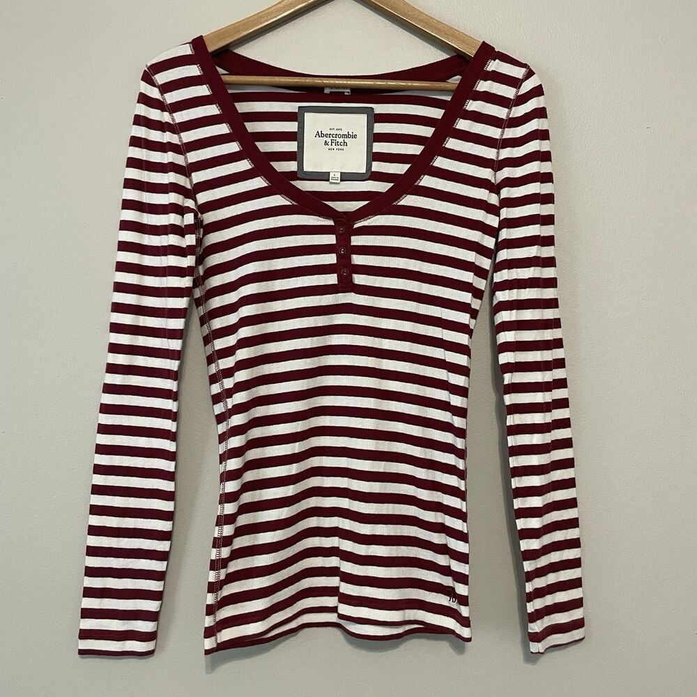Abercrombie & Fitch Ribbed Knit Striped Henley Top L Maroon White Stretch Y2K